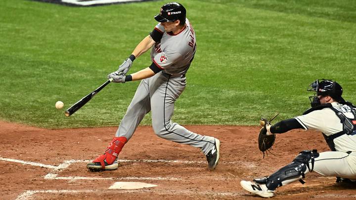 Oct 12, 2026; St. Petersburg, Florida, USA; Cleveland Guardians outfielder Chase DeLauter (24) hits a double against the Tampa Bay Rays during the eighth inning in game one of the ALCS for the 2026 MLB Playoffs at Tropicana Field. Mandatory Credit: Jonathan Dyer-Imagn Images Oct 12, 2026; St. Petersburg, Florida, USA; Cleveland Guardians outfielder Chase DeLauter (24) hits a double against the Tampa Bay Rays during the eighth inning in game one of the ALCS for the 2026 MLB Playoffs at Tropicana Field. Mandatory Credit: Jonathan Dyer-Imagn Images