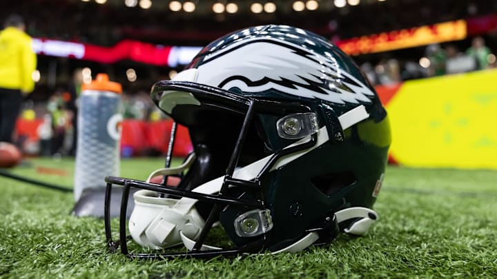 Feb 9, 2025; New Orleans, LA, USA; Detailed view of a Philadelphia Eagles helmet during Super Bowl LIX at Ceasars Superdome. Mandatory Credit: Mark J. Rebilas-Imagn Images