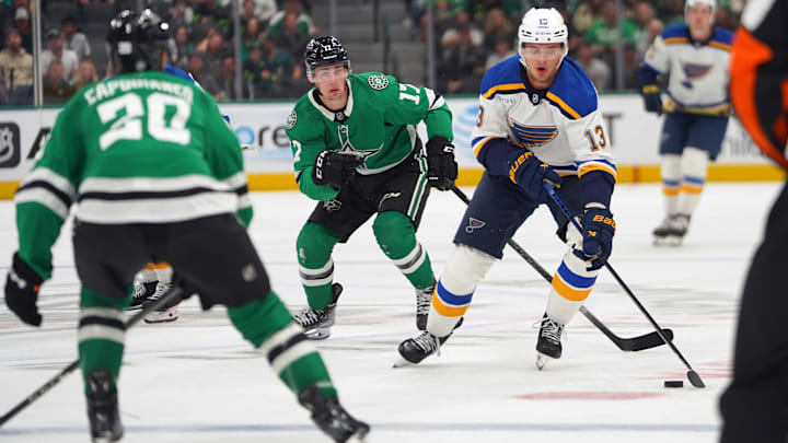Alex Toropchencko #13 of St. Louis Blues skates up ice while...