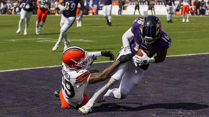Sep 14, 2025; Baltimore, Maryland, USA; Baltimore Ravens wide receiver Tylan Wallace (16) makes a touchdown catch during the second quarter at M&T Bank Stadium. Mandatory Credit: Mitch Stringer-Imagn Images