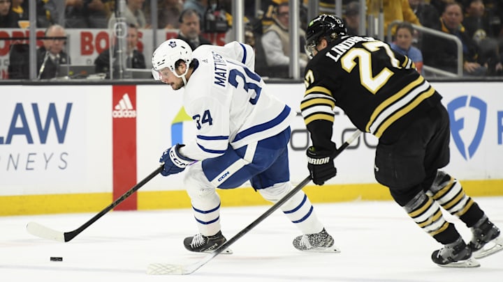 Apr 20, 2024; Boston, Massachusetts, USA; Toronto Maple Leafs center Auston Matthews (34) controls