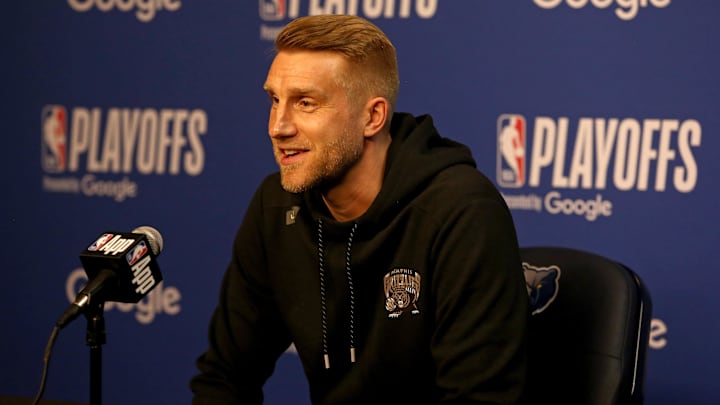 Apr 24, 2025; Memphis, Tennessee, USA; Memphis Grizzlies interim head coach Tuomas Iisalo during a press conference before game three for the first round of the 2024 NBA Playoffs against the Oklahoma City Thunder at FedExForum. Mandatory Credit: Petre Thomas-Imagn Images
