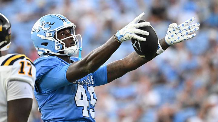 Sep 12, 2026; Chapel Hill, North Carolina, USA; North Carolina Tar Heels tight end Jelani Thurman (45) reacts after making a first down in the third quarter at Kenan Stadium. Mandatory Credit: Bob Donnan-Imagn Images