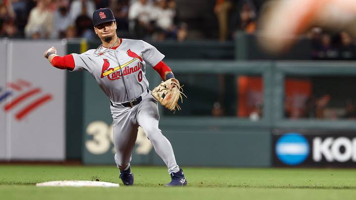 Sep 8, 2026; San Francisco, California, USA; St. Louis Cardinals shortstop Masyn Winn (0) throws the ball to first base against the San Francisco Giants during the eighth inning at Oracle Park. Mandatory Credit: Kelley L Cox-Imagn Images