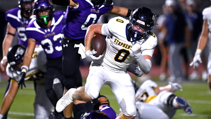 Stephenville's Sawyer Wilkerson scrambles from the Wylie defense during a 49-27 win in Abilene Sept. 20, 2024. 