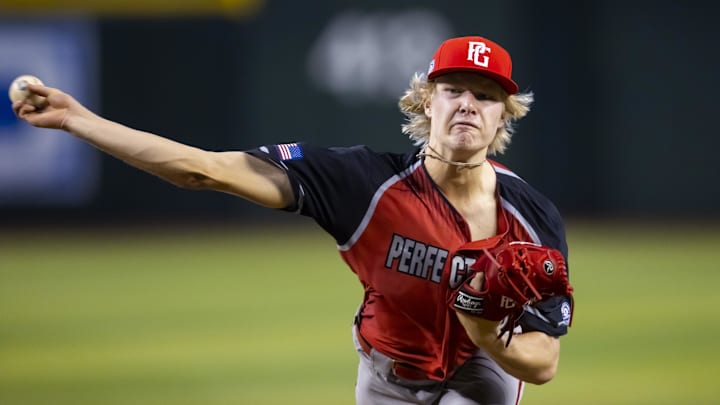 Aug 28, 2022; Phoenix, Arizona, US; West pitcher Zander Mueth (13) during the Perfect Game