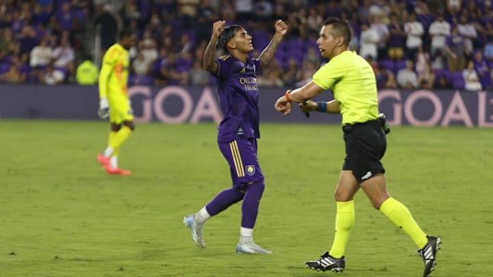 Oct 2, 2024; Orlando, Florida, USA; Orlando City midfielder Facundo Torres (10) celebrates a goal against the Philadelphia Union during the second half at Inter&Co Stadium. Mandatory Credit: Morgan Tencza-Imagn Images