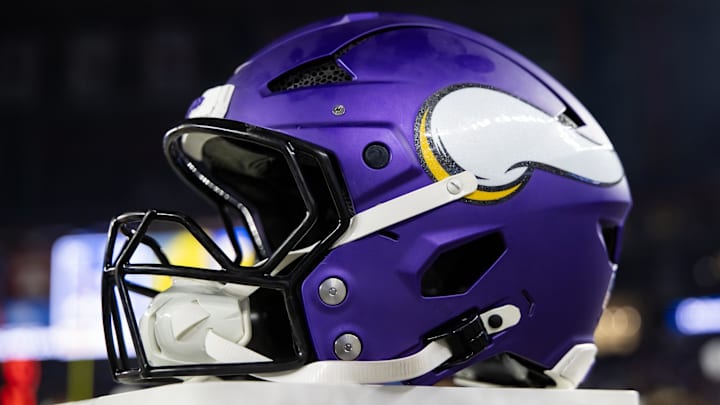 Jan 13, 2025; Glendale, AZ, USA; Detailed view of a Minnesota Vikings helmet during an NFC wild card game at State Farm Stadium. Mandatory Credit: Mark J. Rebilas-Imagn Images