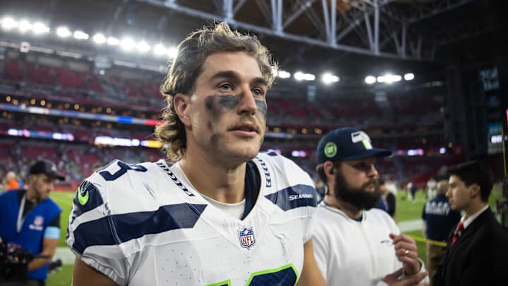 Dec 8, 2024; Glendale, Arizona, USA; Seattle Seahawks wide receiver Jake Bobo (19) against the Arizona Cardinals at State Farm Stadium. Mandatory Credit: Mark J. Rebilas-Imagn Images