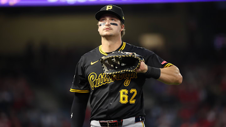 Apr 24, 2025; Anaheim, California, USA; Pittsburgh Pirates first baseman Matt Gorski (62) looks on during the fourth inning against the Los Angeles Angels at Angel Stadium. Mandatory Credit: Kiyoshi Mio-Imagn Images