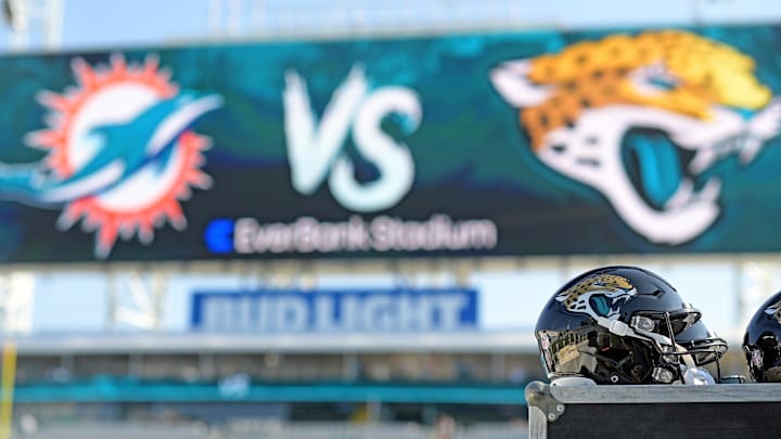 Aug 26, 2023; Jacksonville, Florida, USA; A general view of the Jacksonville Jaguars helmet in front of the jumbotron before a game against the Miami Dolphins at EverBank Stadium. 