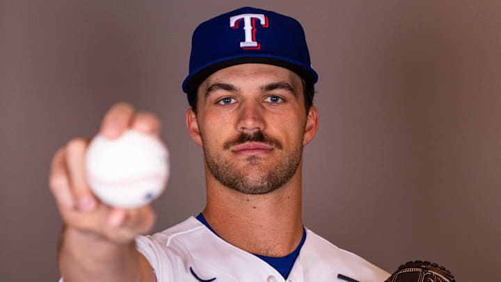 Feb 17, 2026; Surprise, AZ, USA; Texas Rangers pitcher Carter Baumler during media day at Surprise Sports Complex. Mandatory Credit: Arianna Grainey-Imagn Images