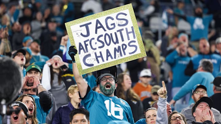 Jan 7, 2023; Jacksonville, Florida, USA;  fans celebrate after the Jacksonville Jaguars beat.