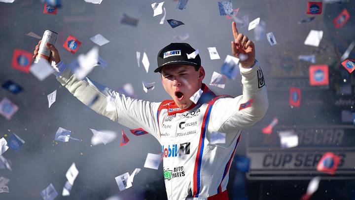 Jun 21, 2026; San Diego, California, USA; 23XI Racing driver Corey Heim (67) celebrates his victory of the Anduril 250 at San Diego Street Course.