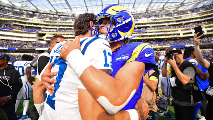 Sep 28, 2025; Inglewood, California, USA; Indianapolis Colts quarterback Daniel Jones (17) meets with Los Angeles Rams quarterback Matthew Stafford (9) following the game at SoFi Stadium. Mandatory Credit: Gary A. Vasquez-Imagn Images Sep 28, 2025; Inglewood, California, USA; Indianapolis Colts quarterback Daniel Jones (17) meets with Los Angeles Rams quarterback Matthew Stafford (9) following the game at SoFi Stadium. Mandatory Credit: Gary A. Vasquez-Imagn Images