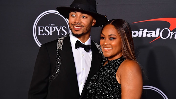 Los Angeles Dodgers player Mookie Betts and wife Brianna arrive at the Red Carpet for the 2022 ESPY at Dolby Theater.