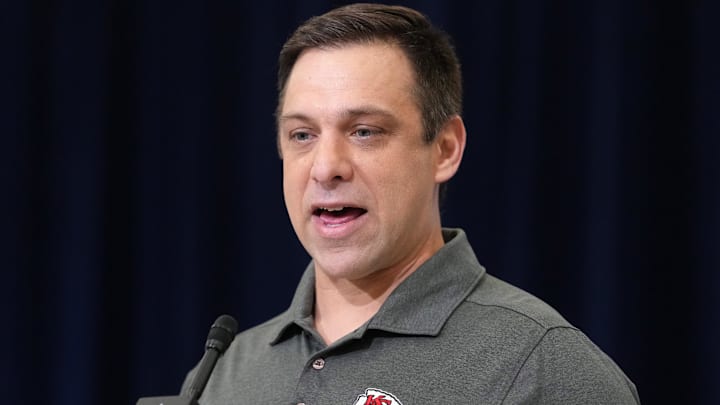 Feb 24, 2026; Indianapolis, IN, USA; Kansas City Chiefs general manager Brett Veach speaks at the NFL Scouting Combine at the Indiana Convention Center. Feb 24, 2026; Indianapolis, IN, USA; Kansas City Chiefs general manager Brett Veach speaks at the NFL Scouting Combine at the Indiana Convention Center.