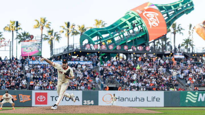 Jun 18, 2025; San Francisco, California, USA; San Francisco Giants pitcher Justin Verlander (35) throws a pitch during the second inning against the Cleveland Guardians at Oracle Park.