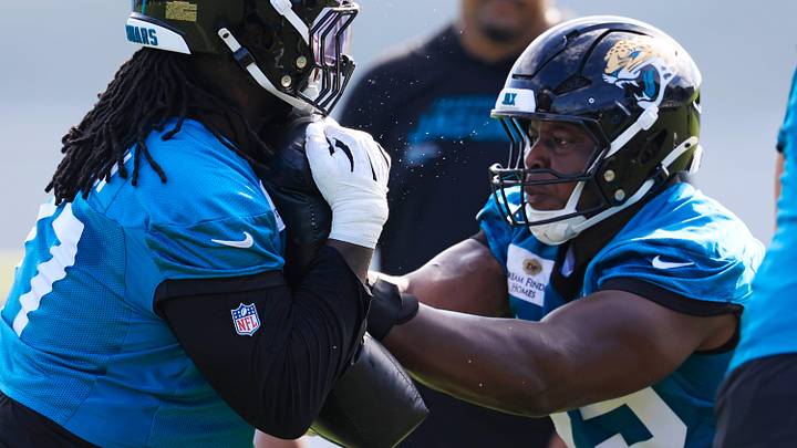 Jacksonville Jaguars offensive lineman Emmanuel Pregnon (75), right, drills on offensive tackle Anton Harrison (77) during the third day of minicamp at the Miller Electric Center, Thursday, June 11, 2026, in Jacksonville, Fla. Jacksonville Jaguars offensive lineman Emmanuel Pregnon (75), right, drills on offensive tackle Anton Harrison (77) during the third day of minicamp at the Miller Electric Center, Thursday, June 11, 2026, in Jacksonville, Fla.