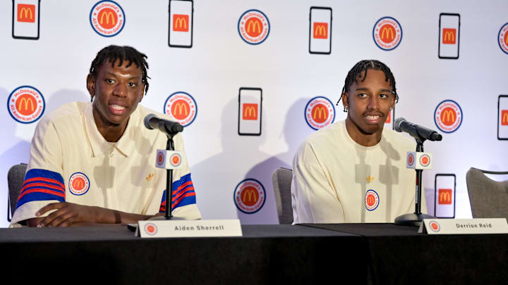 Apr 1, 2024; Houston, TX, USA; McDonald's All American West center Aiden Sherrell (left) and
