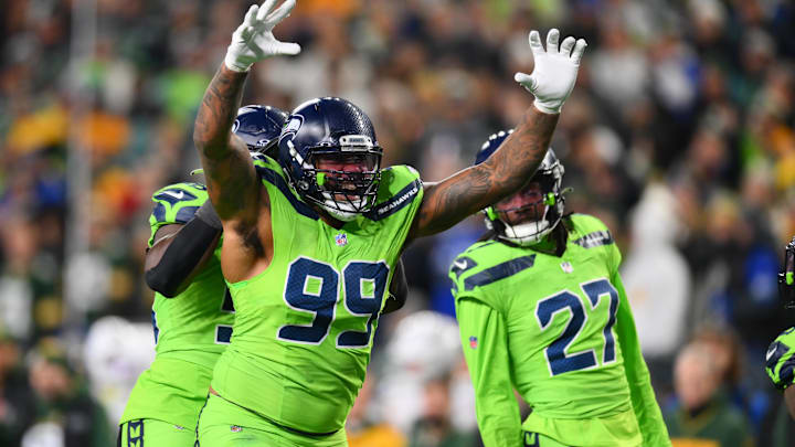 Dec 15, 2024; Seattle, Washington, USA; Seattle Seahawks defensive end Leonard Williams (99) celebrates after a defensive play against the Green Bay Packers during the second half at Lumen Field. Mandatory Credit: Steven Bisig-Imagn Images Dec 15, 2024; Seattle, Washington, USA; Seattle Seahawks defensive end Leonard Williams (99) celebrates after a defensive play against the Green Bay Packers during the second half at Lumen Field. Mandatory Credit: Steven Bisig-Imagn Images