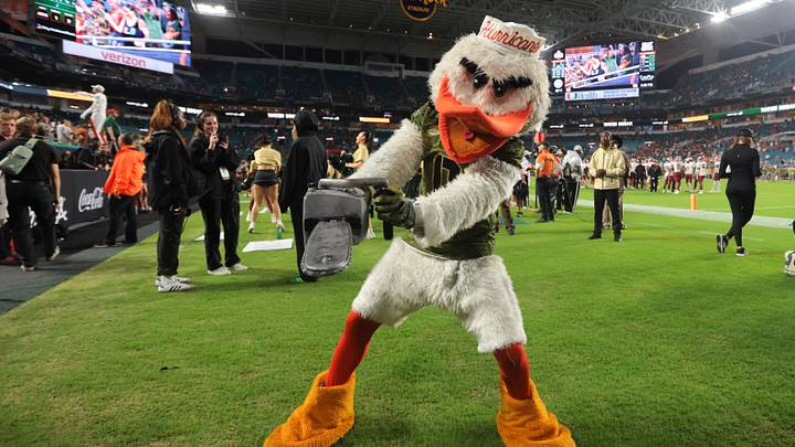 Oct 25, 2025; Miami Gardens, Florida, USA; University of Miami mascot Sebastian the Ibis celebrates against the Stanford Cardinal during the fourth quarter at Hard Rock Stadium. Mandatory Credit: Sam Navarro-Imagn Images