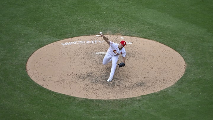 Aug 29, 2024; St. Louis, Missouri, USA;  St. Louis Cardinals relief pitcher Ryan Helsley (56) pitches against the San Diego Padres during the ninth inning at Busch Stadium. Mandatory Credit: Jeff Curry-Imagn Images