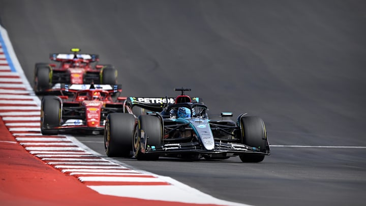Oct 19, 2024; Austin, Texas, USA; Mercedes AMG Petronas F1 Team driver George Russell (63) of Team Great Britain drives during the Sprint Race in the 2024 Formula One US Grand Prix at Circuit of the Americas. Mandatory Credit: Jerome Miron-Imagn Images