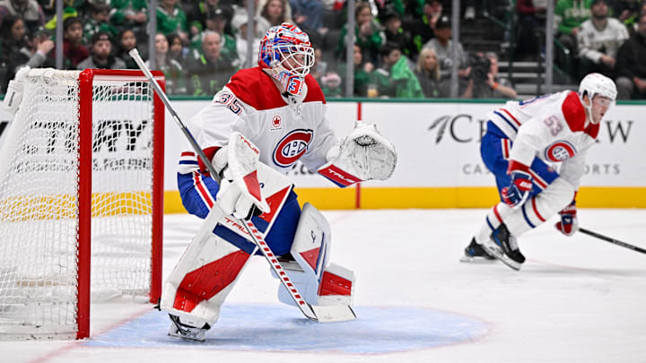 Jan 4, 2026; Dallas, Texas, USA; Montreal Canadiens goaltender Sam Montembeault (35) faces the Dallas Stars attack during the game between the Stars and the Canadiens at the American Airlines Center. Mandatory Credit: Jerome Miron-Imagn Images