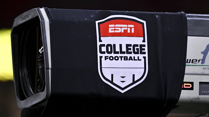 A detailed view of ESPN College Football logo on a TV camera prior to the game between the Houston Cougars and the LSU Tigers