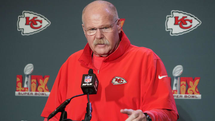 Feb 4, 2025; New Orleans, LA, USA;  Kansas City Chiefs head coach Andy Reid at a press conference in advance of Super Bowl LIX at New Orleans Marriott. Mandatory Credit: Kirby Lee-Imagn Images