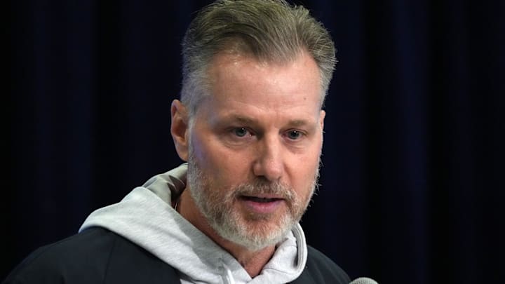 Feb 27, 2024; Indianapolis, IN, USA; Chicago Bears coach Matt Eberflus speaks during a press