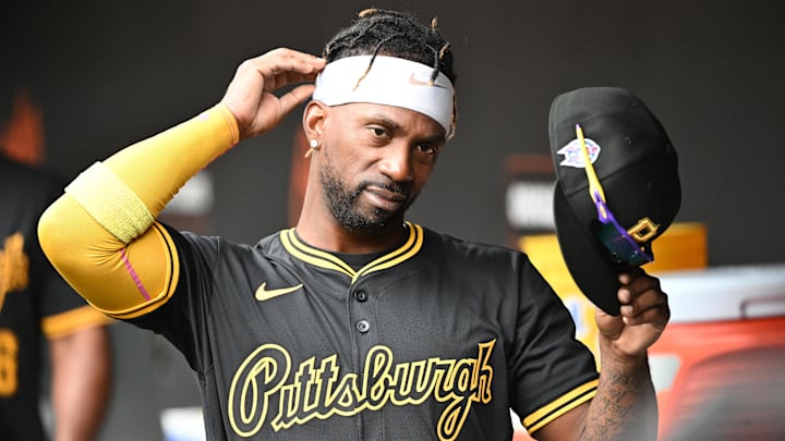 Sep 11, 2025; Baltimore, Maryland, USA; Pittsburgh Pirates designated hitter Andrew McCutchen (22) stands in the dugout before the game between the Baltimore Orioles and the Pittsburgh Pirates at Oriole Park at Camden Yards. Mandatory Credit: James A. Pittman-Imagn Images Sep 11, 2025; Baltimore, Maryland, USA; Pittsburgh Pirates designated hitter Andrew McCutchen (22) stands in the dugout before the game between the Baltimore Orioles and the Pittsburgh Pirates at Oriole Park at Camden Yards. Mandatory Credit: James A. Pittman-Imagn Images