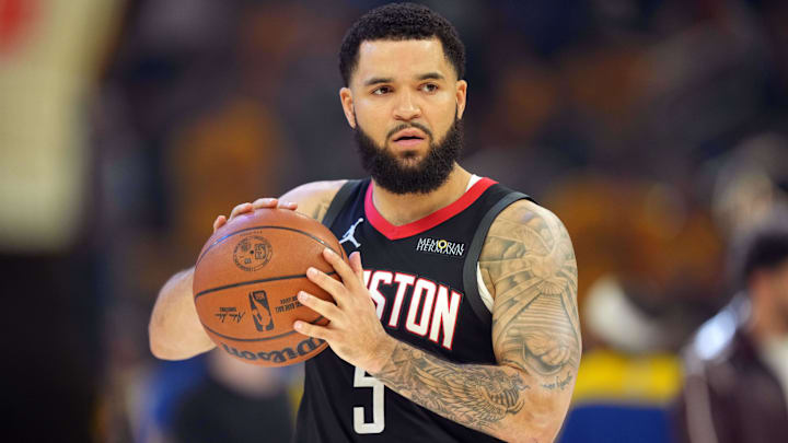 Apr 26, 2025; San Francisco, California, USA; Houston Rockets guard Fred VanVleet (5) before game three of first round for the 2024 NBA Playoffs against the Golden State Warriors at Chase Center. Mandatory Credit: Darren Yamashita-Imagn Images