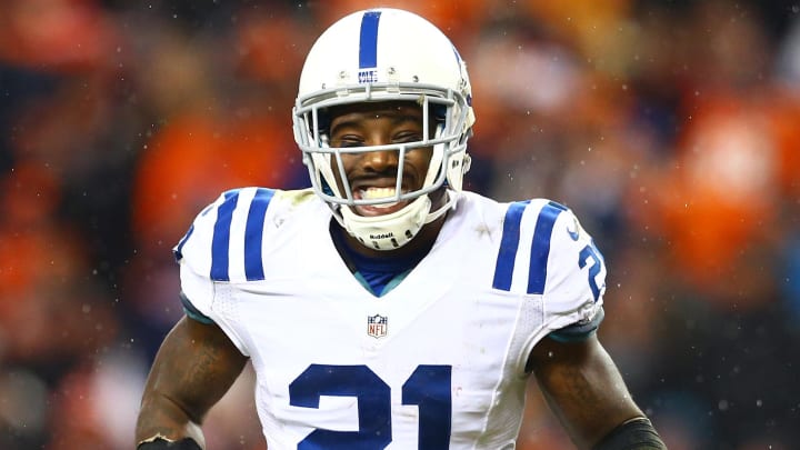 Jan 11, 2015; Denver, CO, USA; Indianapolis Colts cornerback Vontae Davis (21) reacts against the