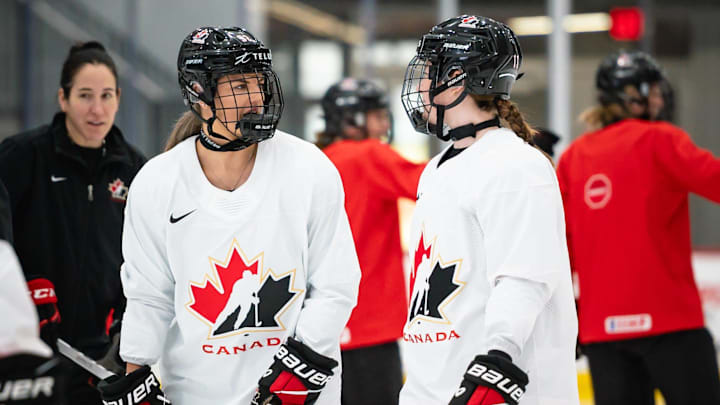 Team Canada takes to the ice for practice ahead of the 2024 IIHF Women's World Championship at the Nexus Center in Utica, NY on Tuesday, April 2, 2024.