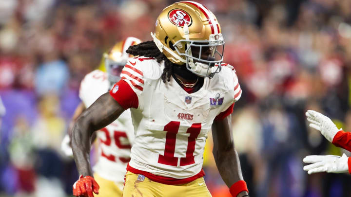 Feb 11, 2024; Paradise, Nevada, USA; San Francisco 49ers wide receiver Brandon Aiyuk (11) against the Kansas City Chiefs in Super Bowl LVIII at Allegiant Stadium. Feb 11, 2024; Paradise, Nevada, USA; San Francisco 49ers wide receiver Brandon Aiyuk (11) against the Kansas City Chiefs in Super Bowl LVIII at Allegiant Stadium.
