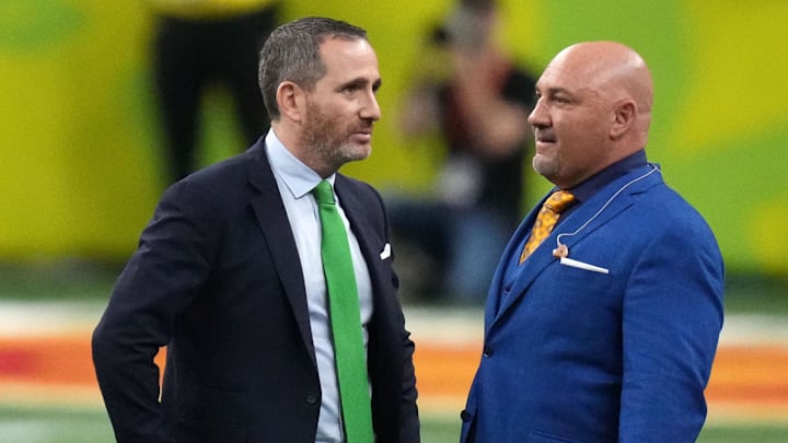 Feb 9, 2025; New Orleans, LA, USA; Philadelphia Eagles general manager Howie Roseman (left) and Fox NFL Sunday reporter Jay Glazer (right) talk before Super Bowl LIX at Caesars Superdome. Mandatory Credit: Kirby Lee-Imagn Images