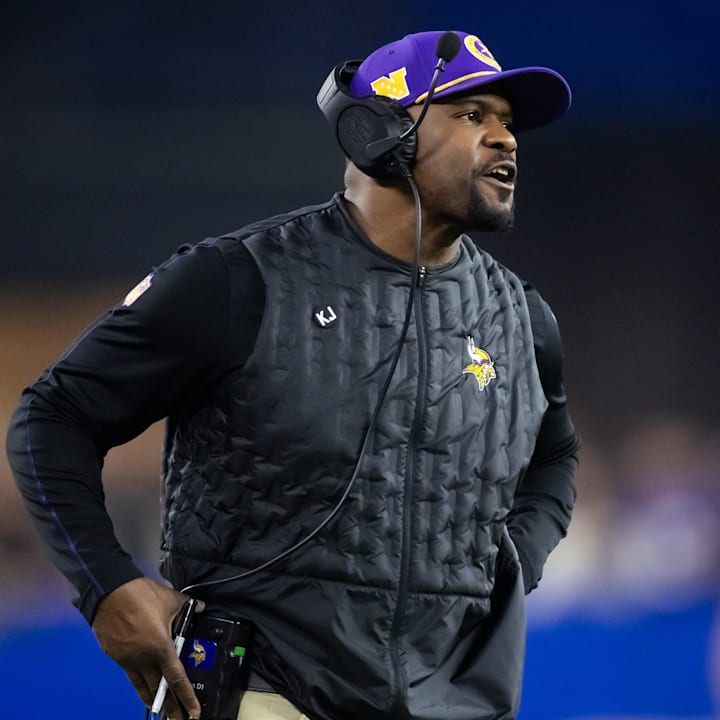 Minnesota Vikings defensive coordinator Brian Flores against the Los Angeles Rams during an NFC wild card game 
