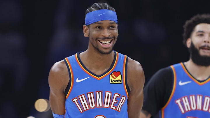 Jan 27, 2026; Oklahoma City, Oklahoma, USA; Oklahoma City Thunder guard Shai Gilgeous-Alexander (2) smiles during a time out against the New Orleans Pelicans during the second quarter at Paycom Center. Mandatory Credit: Alonzo Adams-Imagn Images