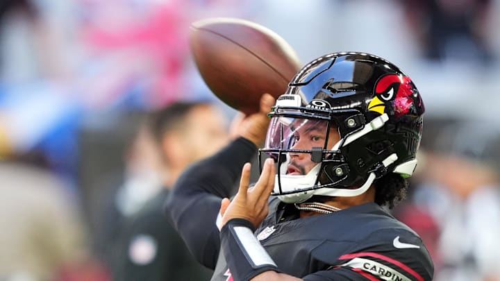 Nov 26, 2023; Glendale, Arizona, USA;  Arizona Cardinals quarterback Kyler Murray (1) warms up prior to facing the Los Angeles Rams at State Farm Stadium. Mandatory Credit: Joe Camporeale-Imagn Images