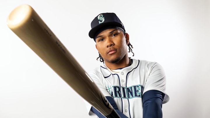 Feb 20, 2025; Peoria, AZ, USA; Seattle Mariners infielder Michael Arroyo poses for a portrait during media day at Peoria Sports Complex. Mandatory Credit: Mark J. Rebilas-Imagn Images