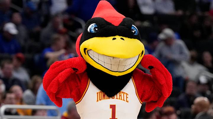 Mar 23, 2025; Milwaukee, WI, USA;  Iowa State Cyclones mascot performs during the first half in the second round of the NCAA Tournament against the Mississippi Rebels at Fiserv Forum. Mandatory Credit: Jeff Hanisch-Imagn Images