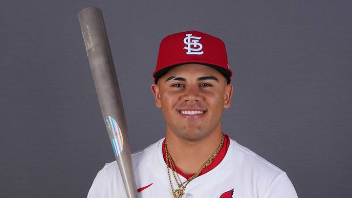 Feb 20, 2025; Jupiter, FL, USA;  St. Louis Cardinals catcher Sammy Hernandez (98) poses for a photo during media day at Clover Park. Mandatory Credit: Jim Rassol-Imagn Images