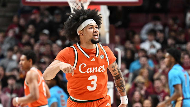 Feb 24, 2026; Tallahassee, Florida, USA; Miami Hurricanes guard Tre Donaldson (3) celebrates a three point shot during the first half against the Florida State Seminoles at Donald L. Tucker Center. Mandatory Credit: Melina Myers-Imagn Images Feb 24, 2026; Tallahassee, Florida, USA; Miami Hurricanes guard Tre Donaldson (3) celebrates a three point shot during the first half against the Florida State Seminoles at Donald L. Tucker Center. Mandatory Credit: Melina Myers-Imagn Images