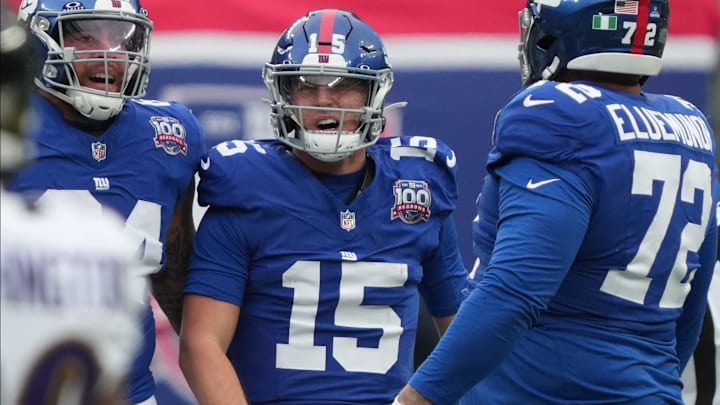 East Rutherford, NJ -- December 15, 2024 -- Tommy DeVito of the Giants after taking a late hit in the first half. The Baltimore Ravens came to MetLife Stadium to play the New York Giants. East Rutherford, NJ -- December 15, 2024 -- Tommy DeVito of the Giants after taking a late hit in the first half. The Baltimore Ravens came to MetLife Stadium to play the New York Giants.