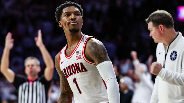 Arizona Wildcats guard Caleb Love (1) reacts after making a three-point basket during overtime against the Iowa States Cyclones at McKale Center.