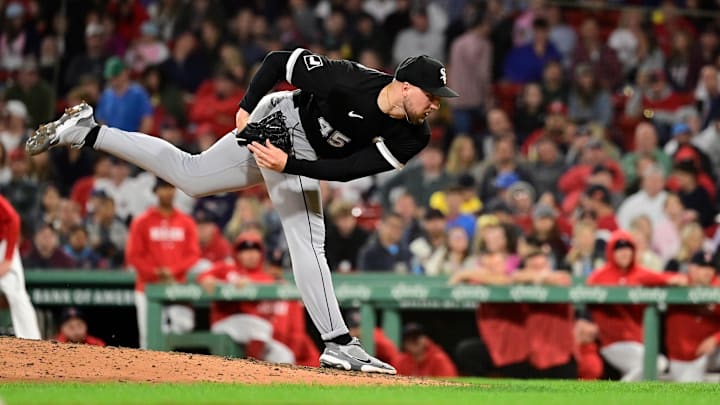 Sep 22, 2023; Boston, Massachusetts, USA; Chicago White Sox relief pitcher Garrett Crochet (45) pitches against the Boston Red Sox during the eighth inning at Fenway Park. Mandatory Credit: Eric Canha-Imagn Images