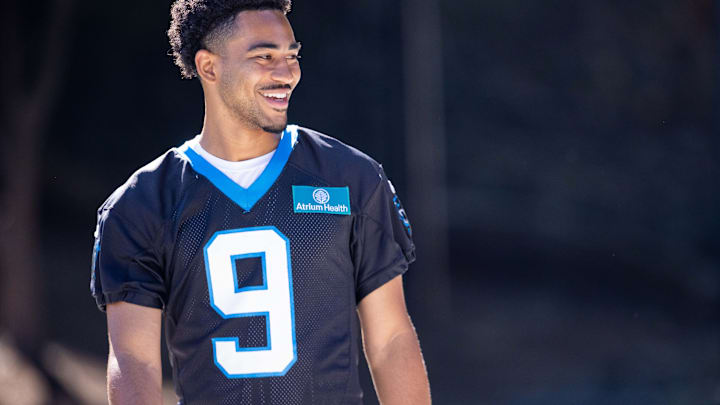 Jul 26, 2025; Charlotte, NC, USA; Carolina Panthers quarterback Bryce Young (9) walks to practice during training camp. Jul 26, 2025; Charlotte, NC, USA; Carolina Panthers quarterback Bryce Young (9) walks to practice during training camp.