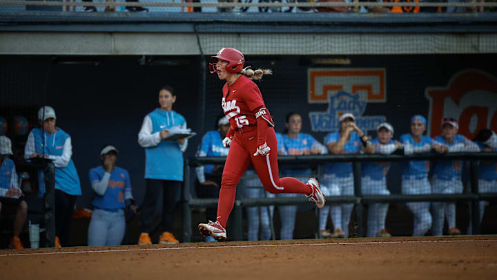 Brooke Wells celebrates her 20th home run of the season in Alabama's win at Tennessee on April 25, 2026